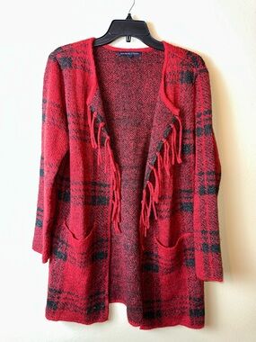 Adrienne Vittadini Red and Black Plaid Fringe Open-Front Cardigan